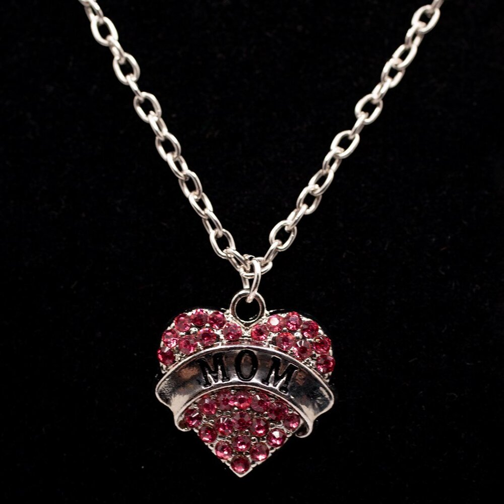 Handmade Pink Crystal Pave "Mom" Banner Heart Mother's Day Necklace